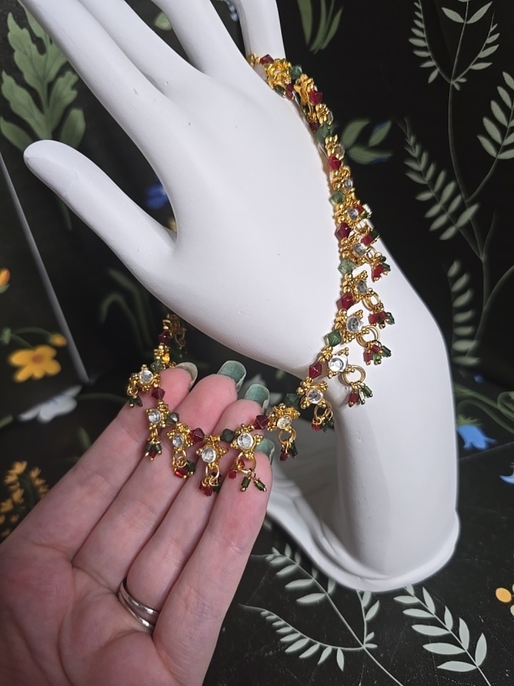 Gold Tone Women’s Bracelet Anklet with Red and Green Accents 11"